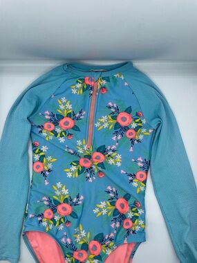Cat & Jack Blue Floral Long Sleeve One-Piece Swimsuit with Pink Accents